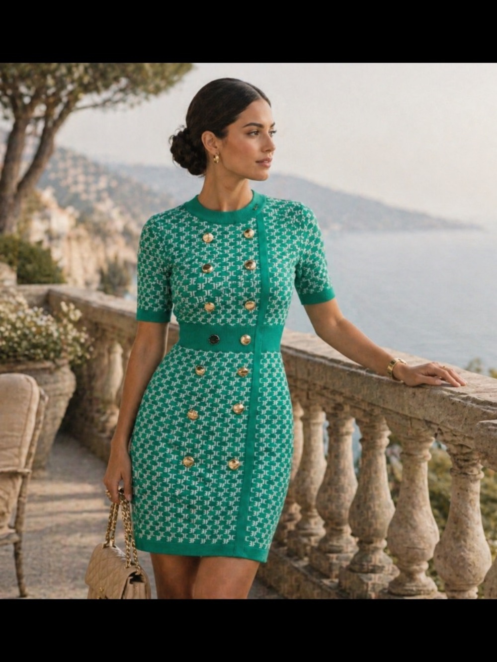 Elisabetta Franchi Green Monogram Knit Dress Gold Button Bodycon Italy READ